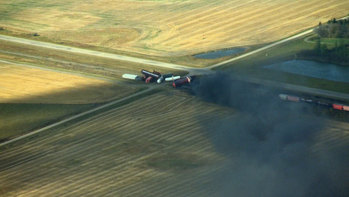 Aerial view of the CN train derailment on Oct. 7, 2014 east of Saskatoon.