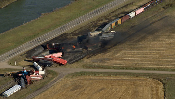 Aerial view of the CN train derailment on Oct. 7, 2014 east of Saskatoon.