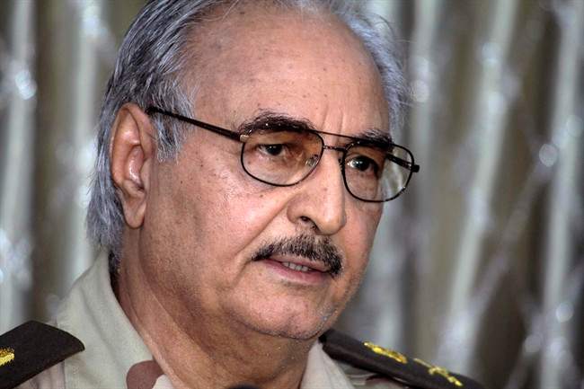 FILE – In this Saturday, May 17, 2014 file photo, Libyan Gen. Khalifa Hifter addresses a press conference in Benghazi, Libya.