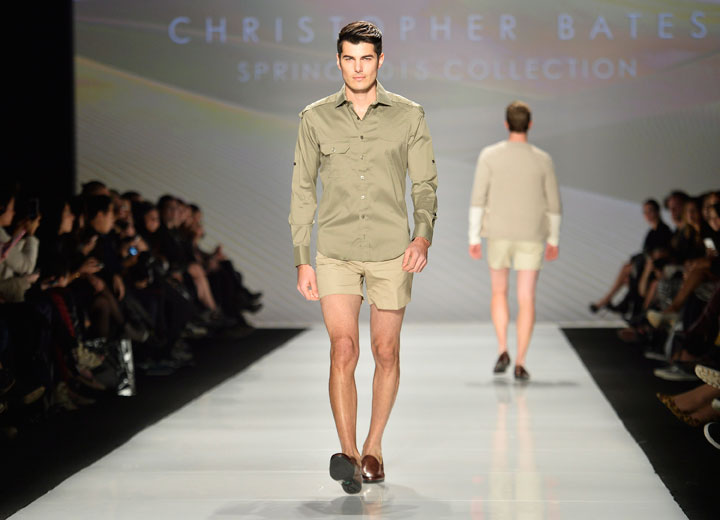 A model walks the runway wearing the collection of Christopher Bates during Toronto Fashion Week in Toronto on Wednesday, October 22, 2014.