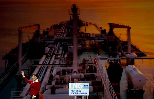 British Columbia Premier Christy Clark waves at a LNG conference in Vancouver, on May, 21, 2014. THE CANADIAN PRESS/Jonathan Hayward.