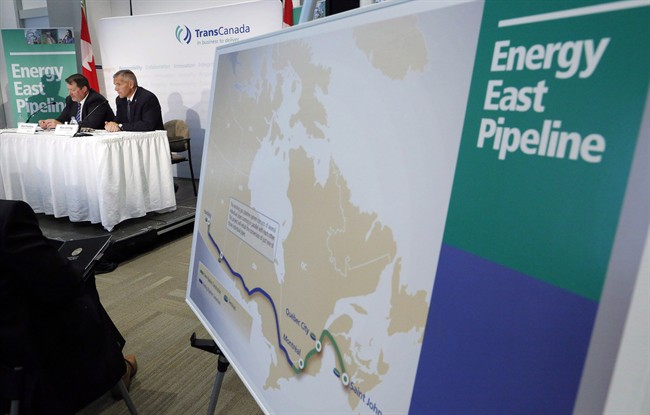 The Energy East pipeline proposed route is pictured as TransCanada officials speak during a news conference in Calgary, on Aug. 1, 2013. 