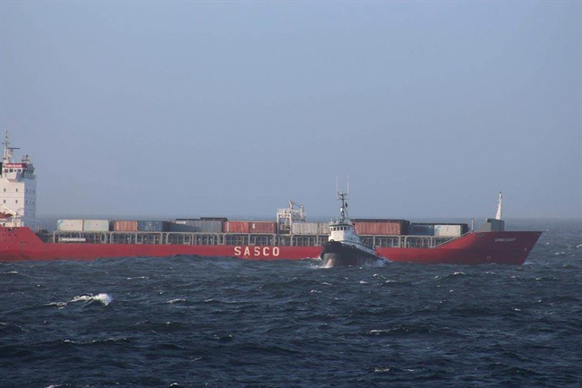 The tug boat Barbara Foss pulls the disabled Russian cargo ship Simushir off the B.C. coast on Sunday, Oct.19, 2014.