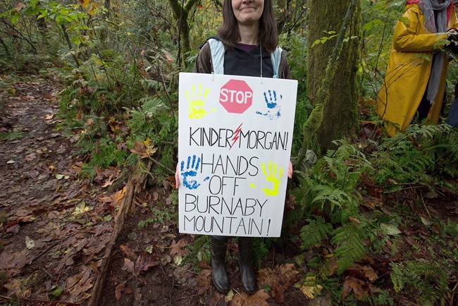 A protester carries a sign on a trail on Burnaby Mountain in Burnaby, B.C., on Wednesday October 29, 2014. THE CANADIAN PRESS/Darryl Dyck.