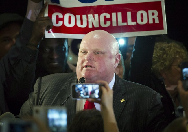 Toronto Mayor Rob Ford speaks to supporters in Toronto on Monday, October 27, 2014.