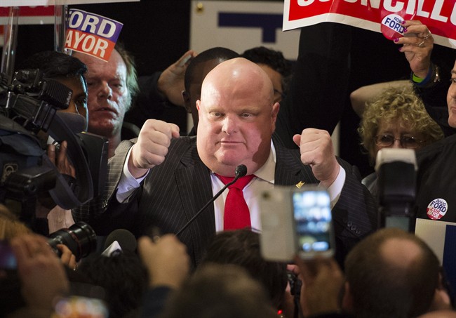 Rob Ford speaks to supporters after winning his seat on city council at mayoral candidate Doug Ford's election night headquarters in Toronto on Monday, October 27, 2014.