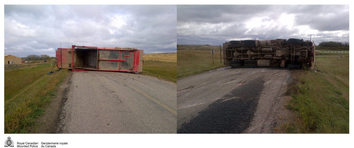 A garbage truck flipped over in rural Saskatchewan Thursday morning, completely blocking Highway 322.