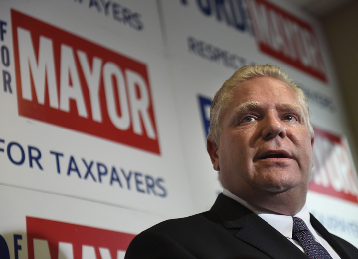 Toronto mayoral candidate Doug Ford addresses the media during a press conference at his campaign headquarters in Toronto on Sept 24 2014.
