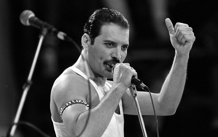Queen singer Freddie Mercury is seen performing on stage during the Live Aid concert on July 15, 1985.