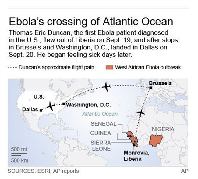 Map shows Ebola victim flight across Atlantic.