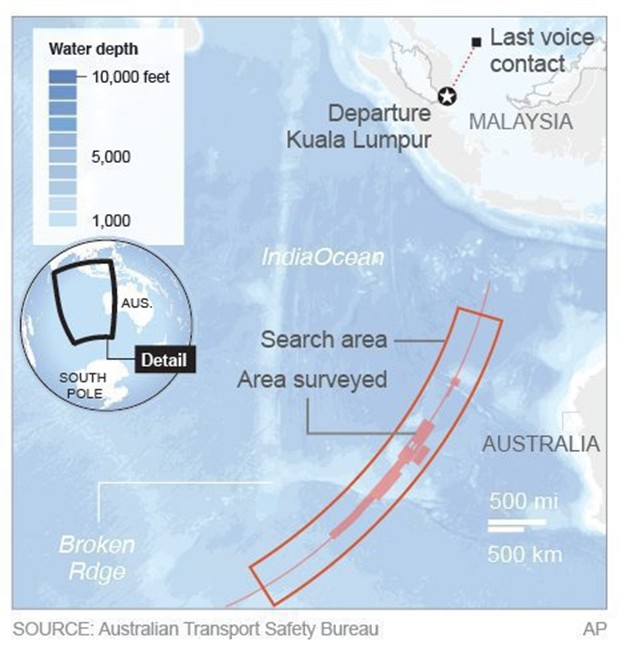 Map shows search areas for missing Malaysia Airlines plane.