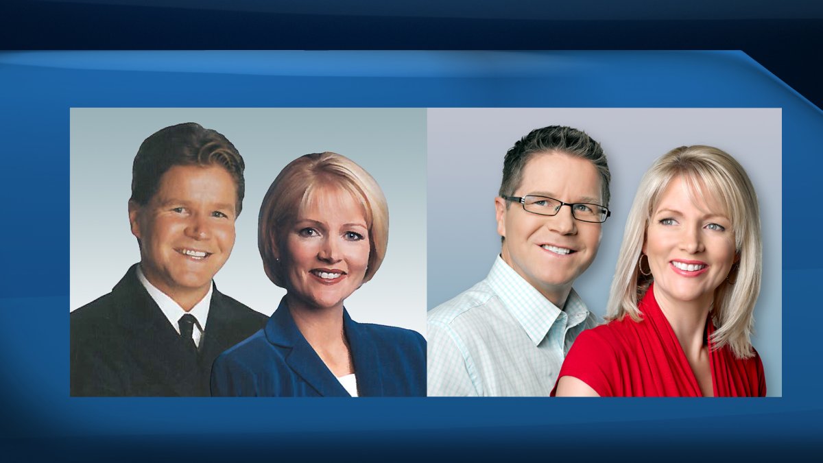 Global Calgary's Gord Gillies and Linda Olsen, then and now.