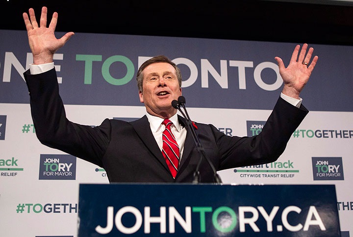 John Tory speaks to supporters after winning the municipal election and becoming the new mayor of the City of Toronto in Toronto on Monday, October 27, 2014. 
