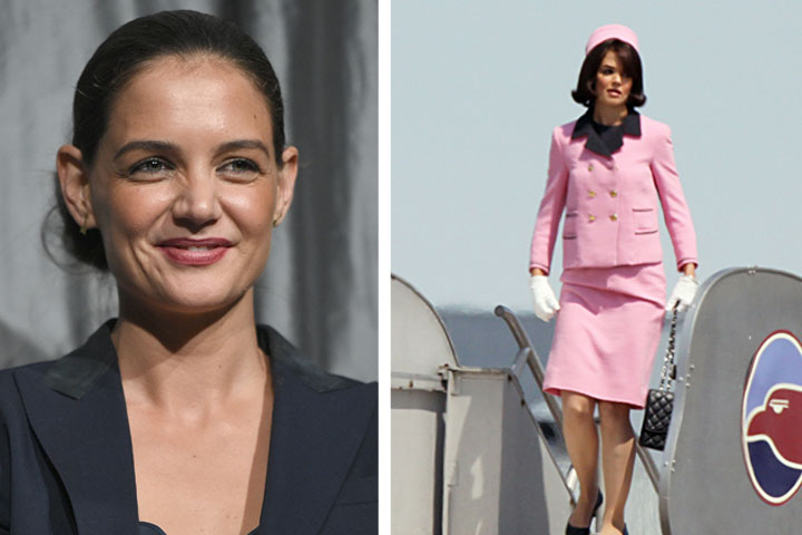 Katie Holmes, pictured in September 2014 (left) and as Jackie Kennedy in 2010 for a scene in 'The Kennedys.'.