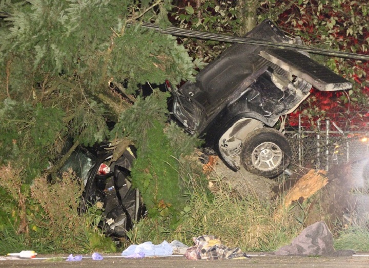 A young man is in grave condition after his pickup trucked slammed into a hydro pole in Langley on Oct. 18, 2014.
