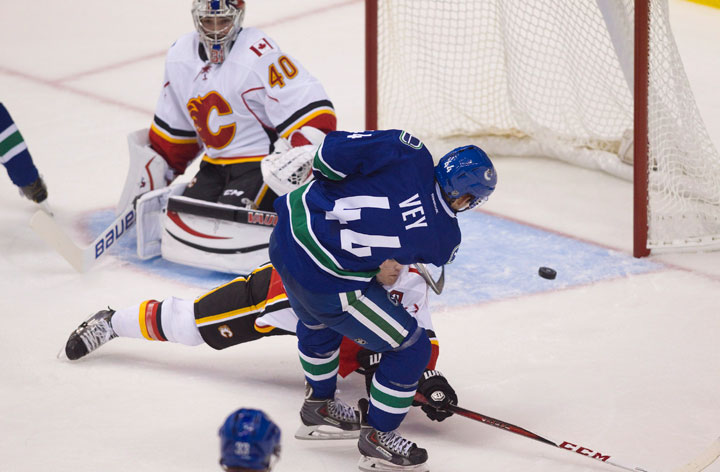 Vancouver Canucks Linden Vey (44) scores against Calgary Flames goaltender Doug Carr (40) during second period NHL hockey action in Vancouver, B.C., on Friday September 26, 2014.
