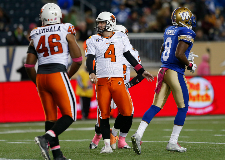 BC Lions' Paul McCallum (4) kicks a field goal against the Winnipeg Blue Bombers during the second half of CFL action in Winnipeg Saturday, October 25, 2014. 