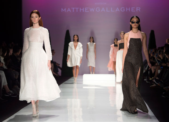 Models walk the runway in the Matthew Gallagher show, part of Fashion Week in Toronto on Thursday October 23, 2014.