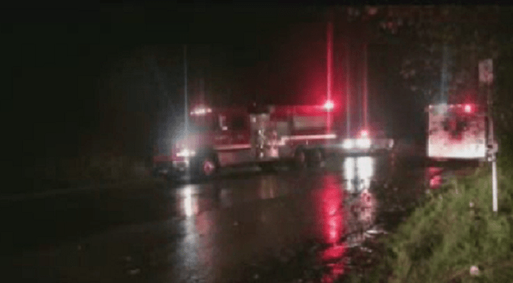 Fire trucks head to a mill fire in Maple Ridge.