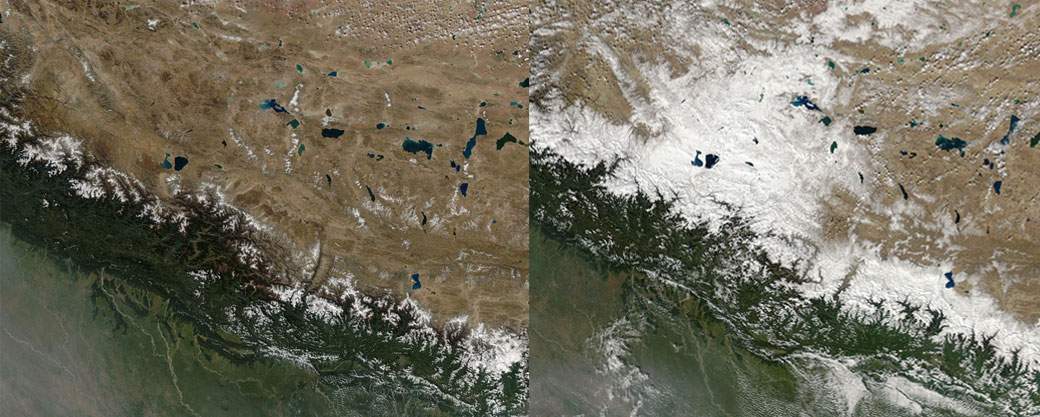 The Himalayas seen from space on Oct. 11 (left) and after Hudhud made landfall dumping more than 1 metre of snow on Oct. 16 (right).