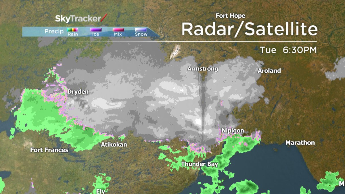 Radar image of snow over parts of Northern Ontario on Tuesday. Some areas received 15 cm or more.