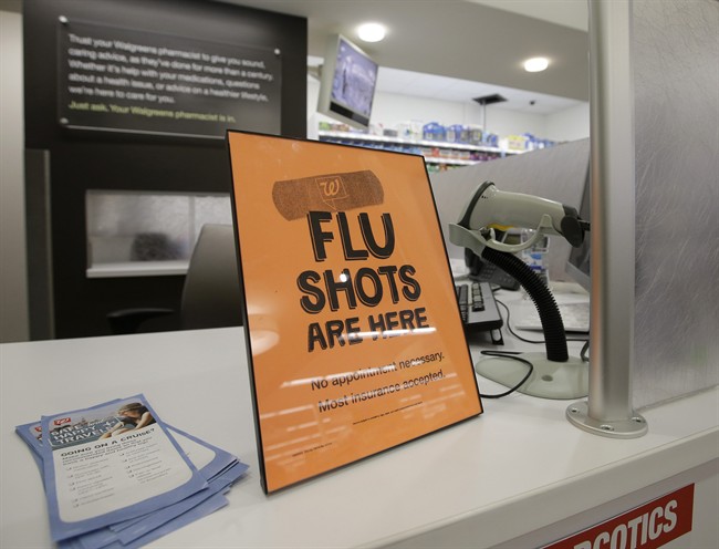 In this Sept. 16, 2014 file photo, a sign lets customers know they can get a flu shot in a Walgreen store in Indianapolis. Fever? Headache? Muscle aches?.