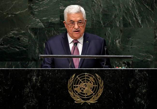 In this Friday, Sept. 26, 2014 file photo, President Mahmoud Abbas of Palestine addresses the 69th session of the United Nations General Assembly at U.N. headquarters. 