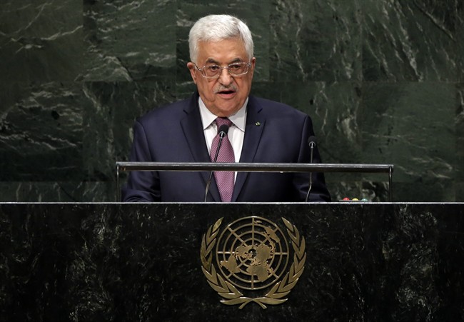 In this Friday, Sept. 26, 2014 file photo, President Mahmoud Abbas of Palestine addresses the 69th session of the United Nations General Assembly at U.N. headquarters. 