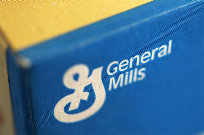 This Sept. 20, 2011 file photo shows the General Mills logo on a box of Fiber One cereal, in Philadelphia. 