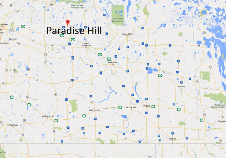 Paradise Hill is located 284 kilometers northwest of Saskatoon.