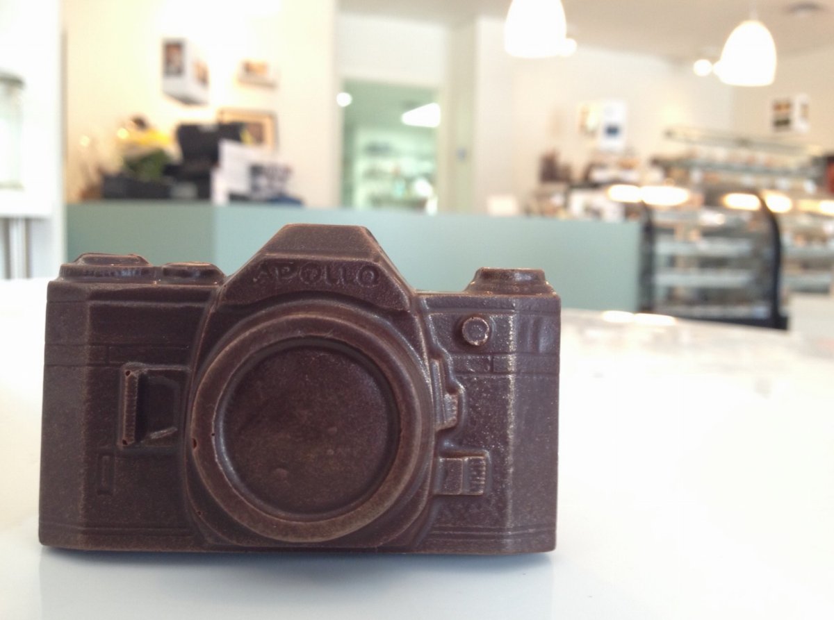 Constance Popp celebrates photo month by making chocolate cameras for customers.