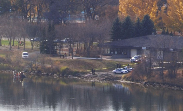 Water rescue teams descend on the South Saskatchewan River in search of human remains on Saturday afternoon.