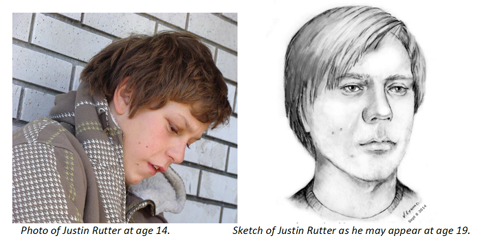 Photo of Justin Rutter at age 14 and sketch of the teen as he may appear at age 19.