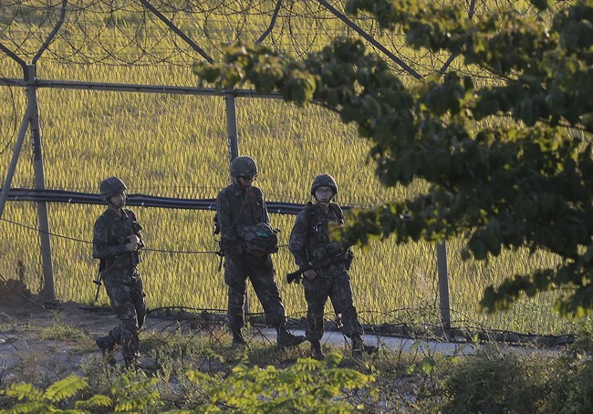 South Korean army soldiers patrol through the wire fences near the demilitarized zone between the two Koreas in Paju, South Korea, Tuesday, Oct. 7, 2014. 