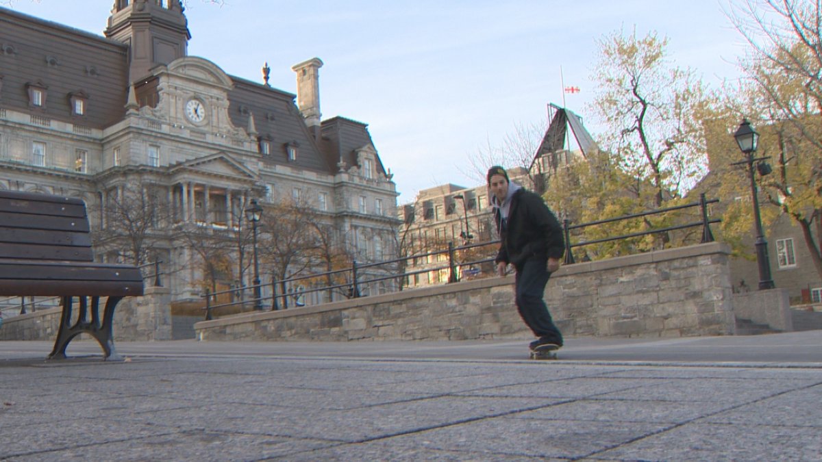 Skateboarding activist Dave "Boots" Bouthillier in front of Montreal city hall.