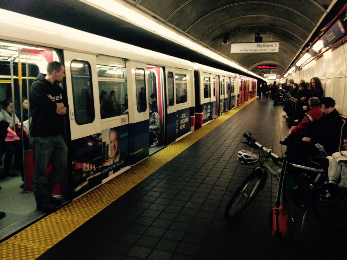 A train held at Burrard Station Tuesday morning.