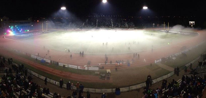 Halftime fireworks smoke lingers at Griffiths Stadium as the University of Saskatchewan Huskies take on the UBC Thunderbirds on Saturday night.