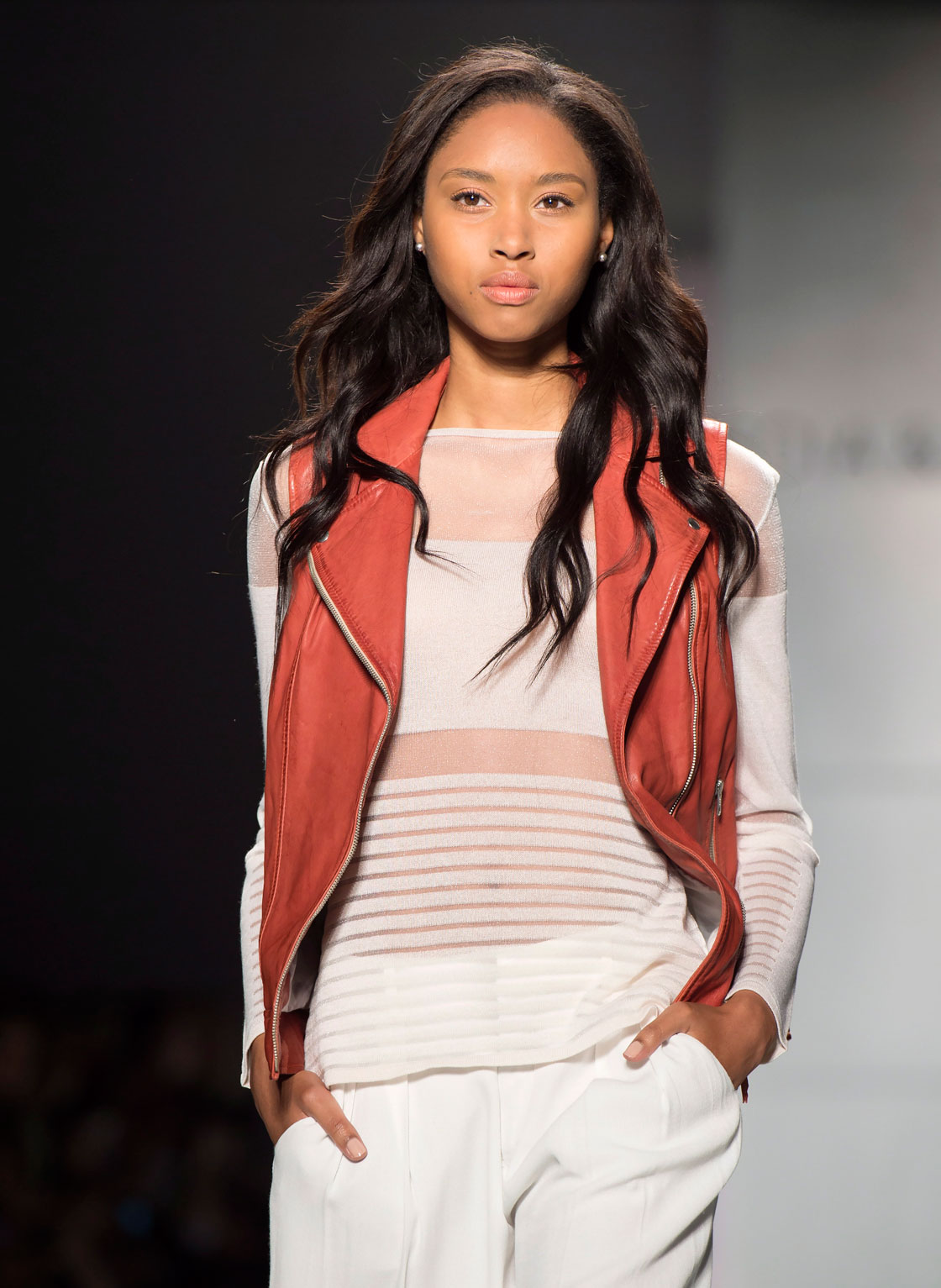 A model walks the runway in the Soia & Kyo show, part of Fashion Week in Toronto on Thursday October 23, 2014.