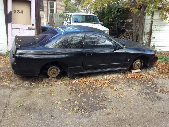 Sports car without wheels after theft discovered Tuesday morning.