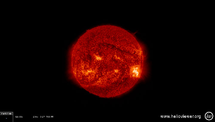 A filament, seen here in above the centre of the sun — and northwest of sunspot 2192 — would be about 100 times the size of Earth if it were stretched out into a straight line.