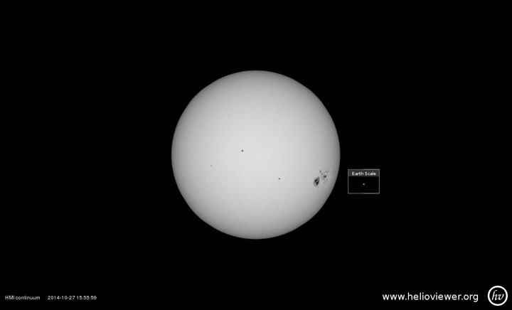 Enormous sunspot 2192 is slowly turning away from Earth.
