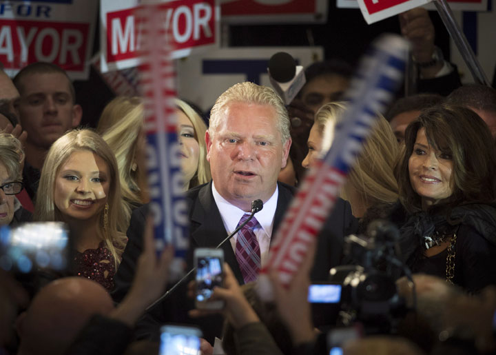 Mayoral candidate Doug Ford speaks to supporters after losing to fellow candidate John Tory at Ford's election night headquarters in Toronto on Monday, October 27, 2014. 