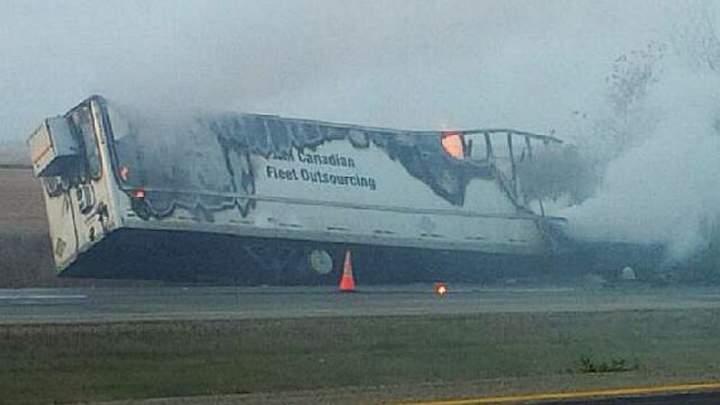 A semi-truck caught fire on the Trans-Canada Highway near Moose Jaw on Wednesday morning, slowing down traffic.