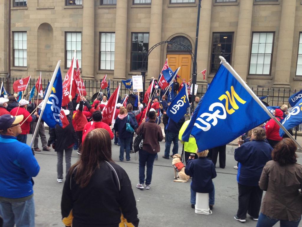 Union workers protest outside the Nova Scotia legislature on Oct. 3, 2014.