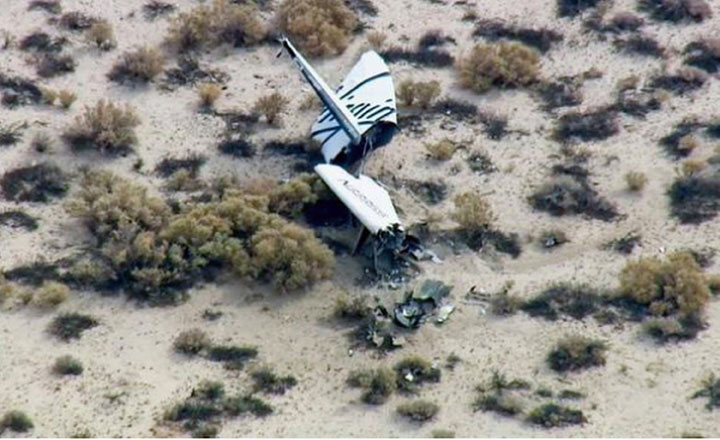 This image from video by KABC TV Los Angeles shows wreckage of what is believed to be SpaceShipTwo in Southern California’s Mojave Desert on Friday, Oct. 31, 2014.