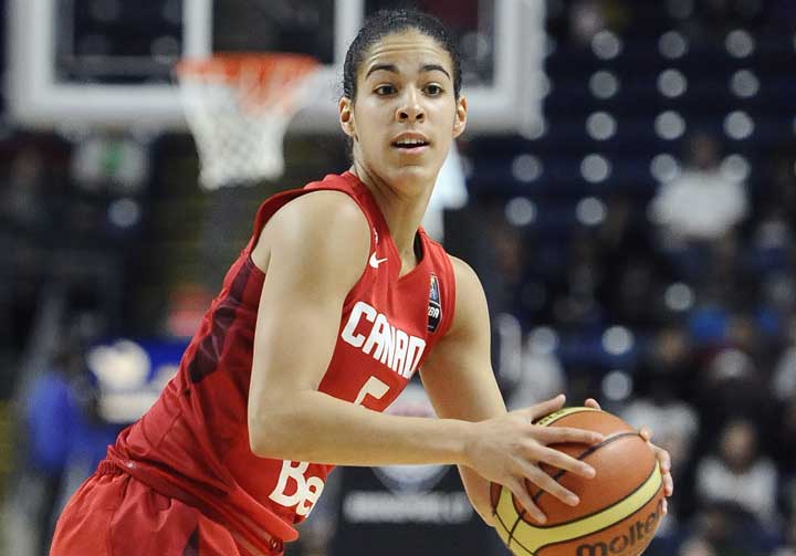 In this Sept. 15, 2014, file photo, Canada’s Kia Nurse looks to pass during the first half of an women's exhibition basketball game against Team USA, in Bridgeport, Conn.