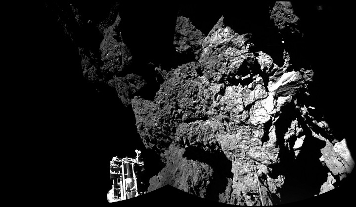 The combination photo of different images taken with the CIVA camera system released by the European Space Agency ESA on Nov. 13, 2014 shows Rosettas lander Philae as it is safely on the surface of Comet 67P/Churyumov-Gerasimenko.