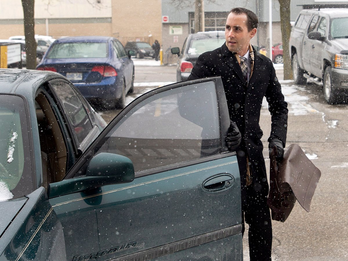 Michael Sona arrives at the Guelph courthouse for his sentencing after being found guilty of election fraud in the so-called robocalls scandal during the 2011 federal election in Guelph, Ont., on Wednesday, November 19, 2014. THE CANADIAN PRESS/Nathan Denette.