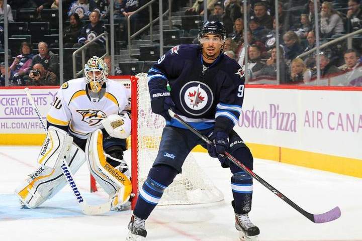 Evander Kane, shown in a November game against the Nashville Predators, is out of the Winnipeg Jets' lineup for four to six weeks with a shoulder injury.