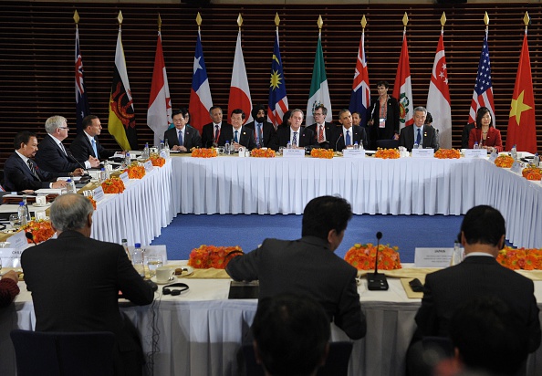 US President Barack Obama takes part in a meeting with leaders from the Trans-Pacific Partnership at the US Embassy in Beijing on November 10, 2014 in Beijing.